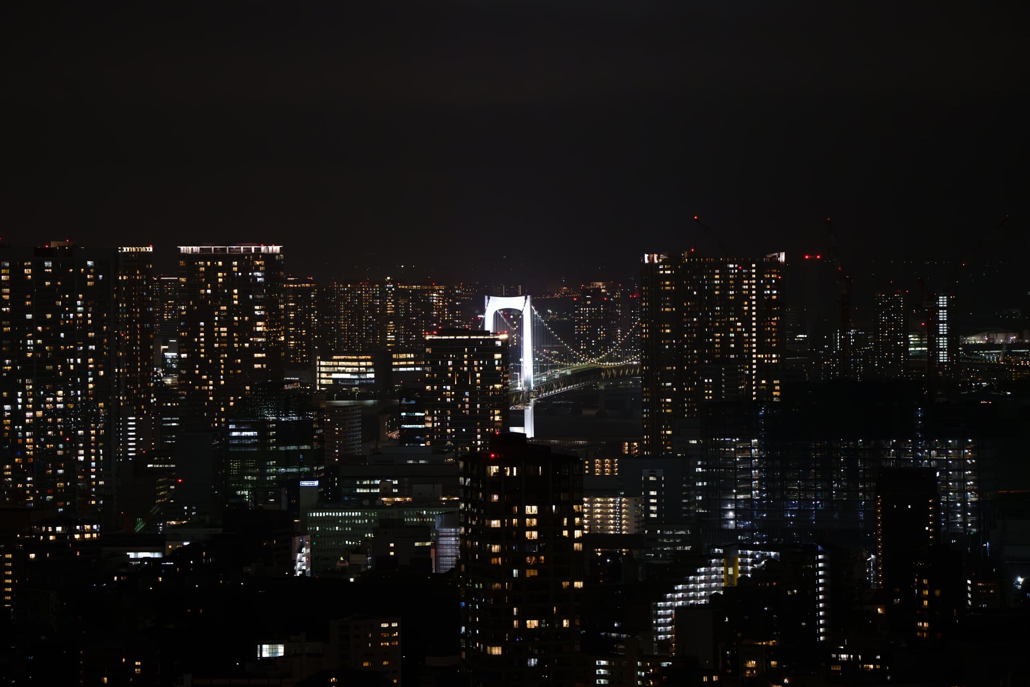 夜晚的城市天际线，建筑物灯光闪烁，远处的桥梁被灯光勾勒出轮廓。