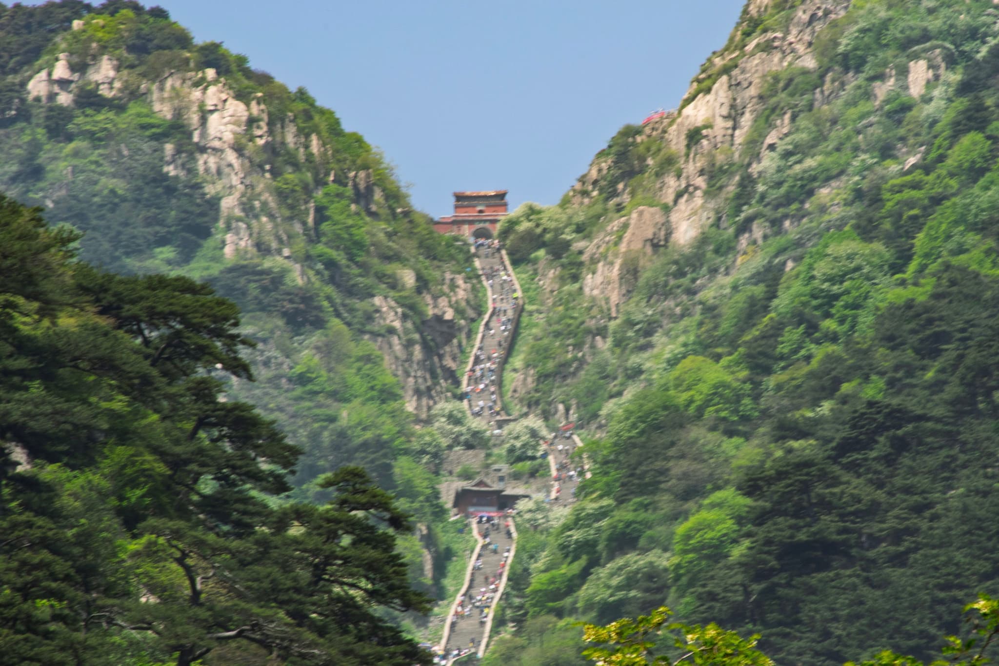 陡峭的石阶从山脚一直延伸到山顶，山顶有一座小建筑，周围是茂密的绿色植被。