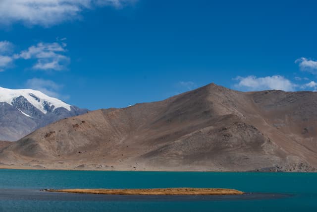 雪山和湖泊，湖中有一小岛，蓝天白云。