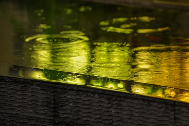 雨水在玻璃表面形成水滴和涟漪，背景灯光呈现出绿色和黄色的模糊反射。