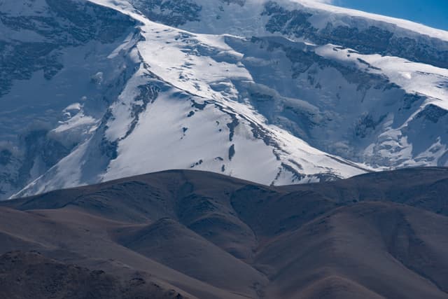 雪山和山谷，山峰覆盖着厚厚的积雪，山谷中是褐色的山脉。